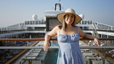 Güneş şapkası ve yaz elbisesi giymiş gülümseyen bir kadın okyanusa bakan bir yolcu gemisinin güvertesinde günün tadını çıkarıyor.