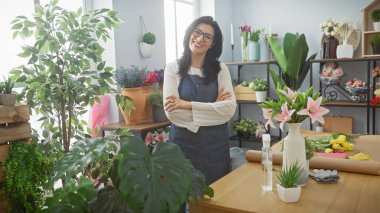 Kollarını kavuşturmuş, gülümseyen orta yaşlı İspanyol bir kadın canlı bir çiçekçide gururla duruyor..