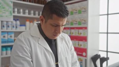 Odaklanmış bir İspanyol erkek eczacı modern bir eczanede envanter incelemesi yapıyor.