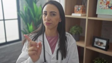 Profesyonel bir genç kadın doktor parmaklarını klinikte kapalı tutarak 