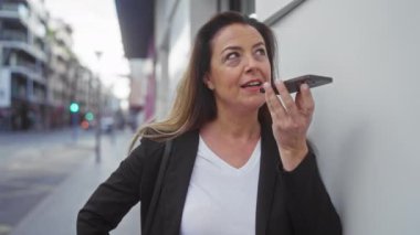 Şehir caddesinde modern şehir iletişimini canlandıran akıllı telefon asistanı kullanan yetişkin bir kadın..