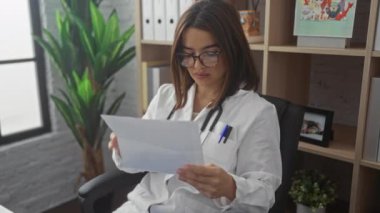 Ofisinde tıbbi ekipman ve dekor ile çevrili bir belgeyi okuyan genç bayan doktor, odaklanmış ve profesyonel bir atmosferi yansıtıyor..