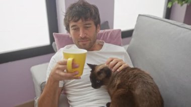 Rahat bir adam, evde kanepede siyam kedisi beslerken kahveden zevk alır.