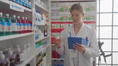 Odaklanmış genç bir kadın eczacı, iyi aydınlatılmış bir eczanede tablet tutarken ilaçları inceliyor..
