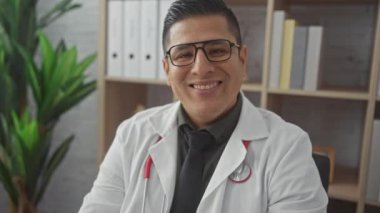 Modern bir klinikte steteskopla beyaz önlüklü, gülümseyen İspanyol bir adam.
