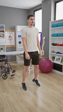 Modern bir rehabilitasyon kliniğinde egzersiz yapan genç, çekici bir İspanyol adam içeride fizik tedavi teknikleri gösteriyor..