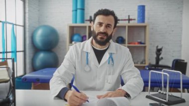 Laboratuvar önlüğü giymiş olgun sakallı bir adam arka planda fizyoterapi ekipmanları olan bir klinikte yazıyor.