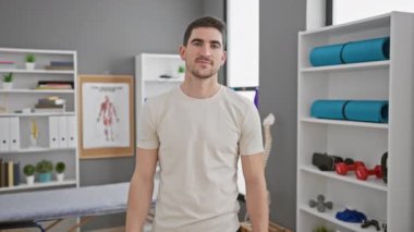 Rehabilitasyon merkezindeki genç İspanyol adam elindeki bandaja bakıyor..