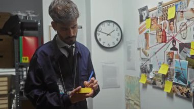 Sakallı, yakışıklı ve genç bir İspanyol. Dedektifin ofisinde notlar alıyor. Etrafı haritalarla ve soruşturma kanıtlarıyla çevrili..