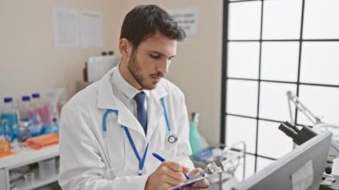 Laboratuvar önlüklü odaklanmış bir adam tıbbi bir laboratuvarda ekipmanlarla notlar alıyor, profesyonel bir sağlık hizmetini canlandırıyor..