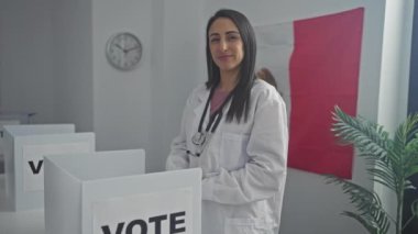 Laboratuvar önlüklü, gülümseyen bir kadın, Meksika bayrağıyla bir oy odasında onay veriyor..