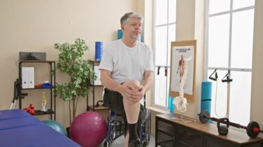 Arka planda rehabilitasyon ekipmanlarıyla fizik tedavi kliniğinde egzersiz yapan gri saçlı bir adam.