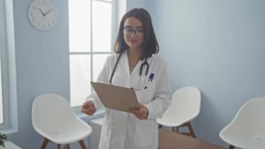 Genç, çekici, Latin kökenli bir doktor elinde bir panoyla kliniğin bekleme odasında duruyor. Kapalı bir tıbbi tesiste mesleki davranışlarını gösteriyor..