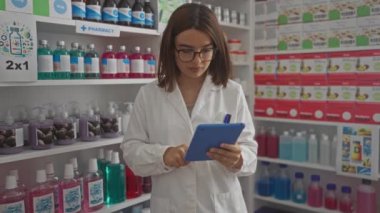 Bir eczanedeki genç İspanyol kadın eczacı elinde renkli ilaç şişeleri ve ürün raflarıyla çevrili bir tablet tutuyor..