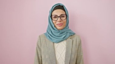 Neşeli orta yaşlı, tesettürlü İspanyol bir kadın. İzole edilmiş pembe bir arka planda kamera merceğinden sana bakıyor. Olumlu bir şey için bir seçim olduğunu gösteriyor.!