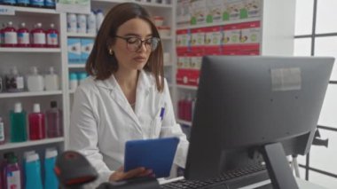 Beyaz önlüklü, genç ve güzel bir İspanyol esmer kadın bir eczanede çalışıyor, raflardaki çeşitli renkli ürünlerle çevrili bir tablet ve bilgisayar ekranını inceliyor..