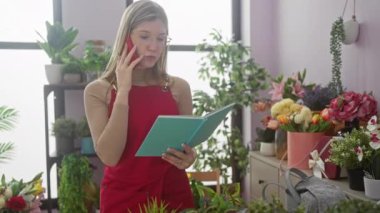 Güzel, sarışın bir kadın, canlı bir çiçekçide telefonla konuşuyor ve not defteri okuyor..