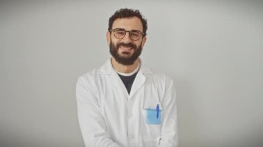 Bilim adamı üniformalı kendinden emin, kollarını kavuşturmuş, dostça gülümseyen orta yaşlı bir adam. Pozitif olarak, beyaz bir arka planda izole bir şekilde duruyor, rahat bir poziyonla kameraya bakıyor..