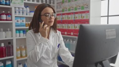 Genç esmer kadın eczanede çalışıyor, gözlük takıyor, laboratuvar önlüğü giyiyor, telefonla konuşuyor ve çeşitli ilaç ve ürünlerle dolu bir eczanedeki bilgisayara bakıyor..