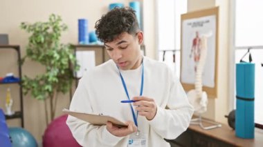 Şaşırmış genç Arap adam, şok ve güvensizlik içinde ağzı açık, fizyoterapi kliniğinde bir pano tutuyor - yakışıklı yüzünde korku ve şaşkınlık karışımı