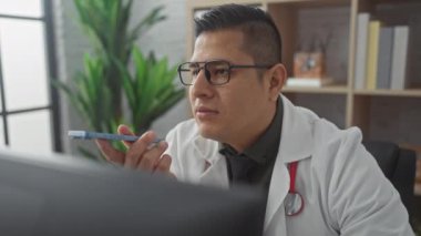 Beyaz laboratuvar önlüklü İspanyol adam klinikte akıllı telefon kullanıyor.