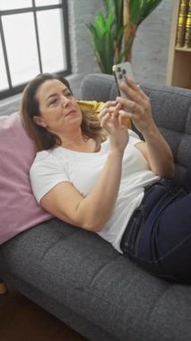 Rahat genç bir kadın şık bir oturma odasında rahat bir kanepede akıllı telefonuyla meşgul oluyor..