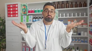 Eczacı üniforması giyen genç bir İspanyol, eczanedeki şaşkınlık ve cahilliğin portresi.
