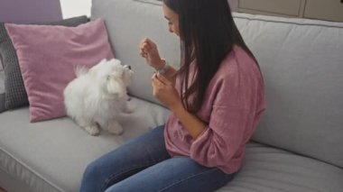Pembe tişörtlü bir kadın, kapalı alandaki gri bir kanepede tüylü beyaz bir köpeğe aşık olur..