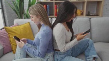 İki kadın arka arkaya bir koltukta oturuyor, modern bir oturma odasında akıllı telefonlara dalmış, fiziksel yakınlığa rağmen sosyal bir kopukluk gösteriyor..