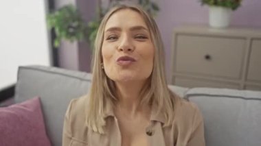 Bir öpücük yollayan bir kadın, koltukta oturan genç bir sarışın, güzel ve seksi görünüyor, hava öpücüğüyle aşkını ifade ediyor, kamerada, evde.