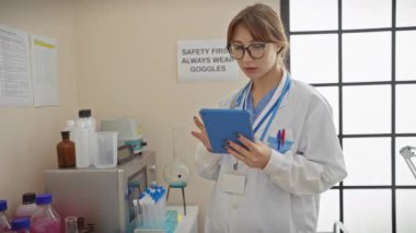 Modern laboratuvar ortamında tablet kullanan odaklanmış genç kadın bilim adamı.
