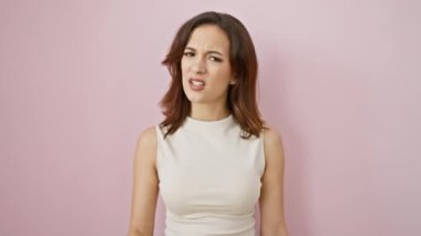 Kızgın genç İspanyol kadın seni suçluyor, pembe arka planda kamerayı işaret ediyor, öfkesini kolsuz bir tişörtle gösteriyor. Hoşnutsuz ve ciddi bir şekilde üzgün, olumsuz ifadesi her şeyi anlatıyor..