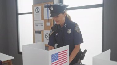 Gülümseyen bir polis memuru, Amerikan bayraklarıyla bir seçim merkezinde onaylıyor..