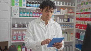 Modern bir eczanede tablet kullanan kıvırcık saçlı yakışıklı bir İspanyol erkek eczacı..