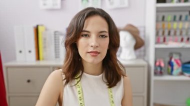 Boynunda bir mezura olan kendine güvenen genç bir kadın parlak bir terzide gülümsüyor.