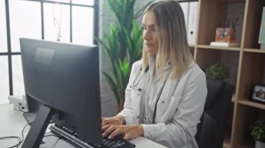 Steteskopla klinik ortamında bilgisayar üzerinde çalışan genç ve çekici bir bayan doktor. Ofiste otururken boyun ağrısı ve rahatsızlık yaşıyor..