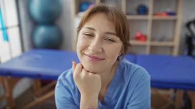 Genç, beyaz, kadın bir fizyoterapist. Parlak bir rehabilitasyon kliniğinde gülümsüyor. Profesyonel ve misafirperver bir sağlık ortamını canlandırıyor..