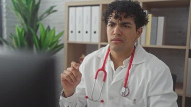 Beyaz önlüklü genç bir İspanyol erkek doktor hastanede stresli ve düşünceli görünüyor..