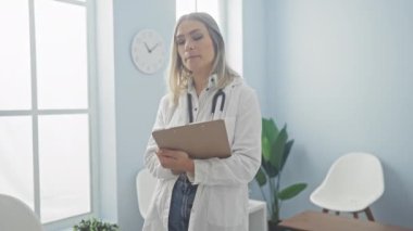 Sarışın bir kadın doktor, kliniğin bekleme odasında elinde bir dosya ve boynunda steteskop ile dikiliyor..