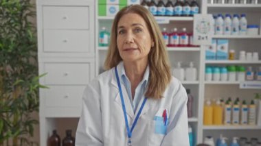Eczanede elinde ilaç şişesi olan beyaz önlüklü olgun bir kadın eczacı.