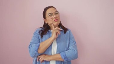 Konsantre olmuş orta yaşlı İspanyol kadın, çenesi düşüncelere dalmış, şüpheye düşmüş, şaşkınlık içinde yukarı bakıyor. Hepsi soyutlanmış, pembe bir arka plana karşı.