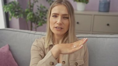 Kanepede oturan genç sarışın kadın elinde bıçakla boğazını kesiyor. Evde şiddet uygulamakla tehdit ediyor.