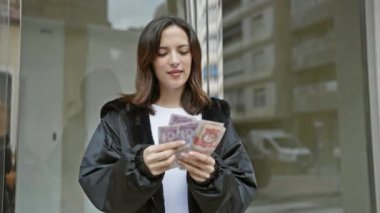 Latin kökenli genç bir kadın şehir caddesinde durup Kolombiya paralarını düşünceli bir ifadeyle inceliyor..