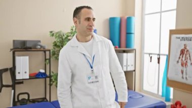 Kolları çapraz olan kendine güvenen İspanyol erkek terapist bir rehabilitasyon kliniğinde tıbbi ekipmanlarla dikiliyor.