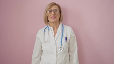 Beyaz önlüklü olgun sarışın doktor. Steteskoplu. Gülümseyen ve işaret eden..