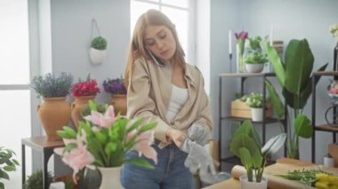 Gündelik kıyafetli genç bir kadın telefonda konuşarak ve çiçekçide eldiven takarak birden fazla iş yapıyor..