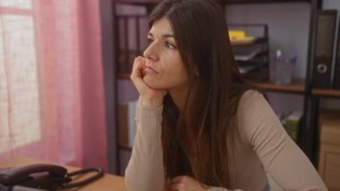 Esmer saçlı, genç ve güzel bir İspanyol kadın bir ev ofisinde oturuyor, düşünceli bir şekilde bakıyor, çenesi elinde dinleniyor..