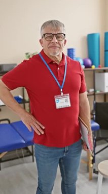 Rehabilitasyon kliniğinde elinde bir dosya olan, gözlüklü ve kırmızı polo giyen neşeli bir son sınıf öğrencisi.