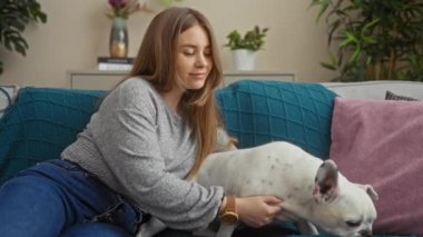 Sarışın genç bir kadın rahat bir oturma odasında oturuyor ve beyaz köpeğiyle renkli yastıklar ve bitkilerle kanepede oynarken gülümsüyor..