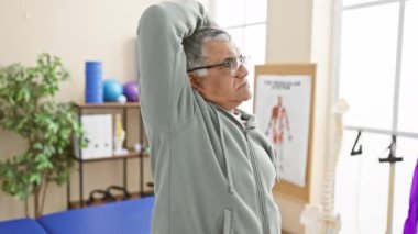 Rehabilitasyon kliniğinde esneme hareketleri, sağlık hizmetlerini, kıdemli egzersizleri ve fizik tedaviyi yansıtan olgun bir adam..